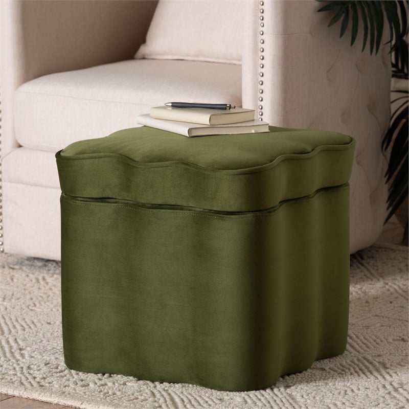 Baxton Studio Paulina Velvet Storage Ottoman Lid Top Accent Stool Moss Green