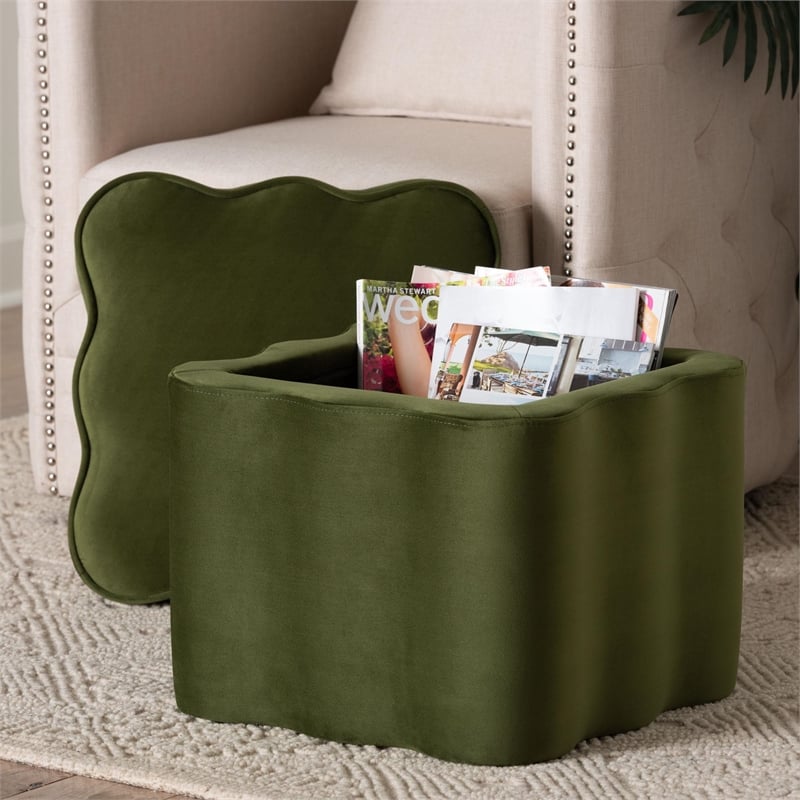 Baxton Studio Paulina Velvet Storage Ottoman Lid Top Accent Stool Moss Green