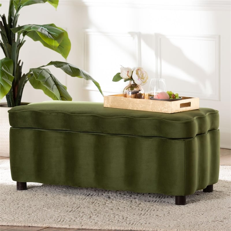 Baxton Studio Paulina Velvet Storage Bench Lift Top Accent Bench Moss Green