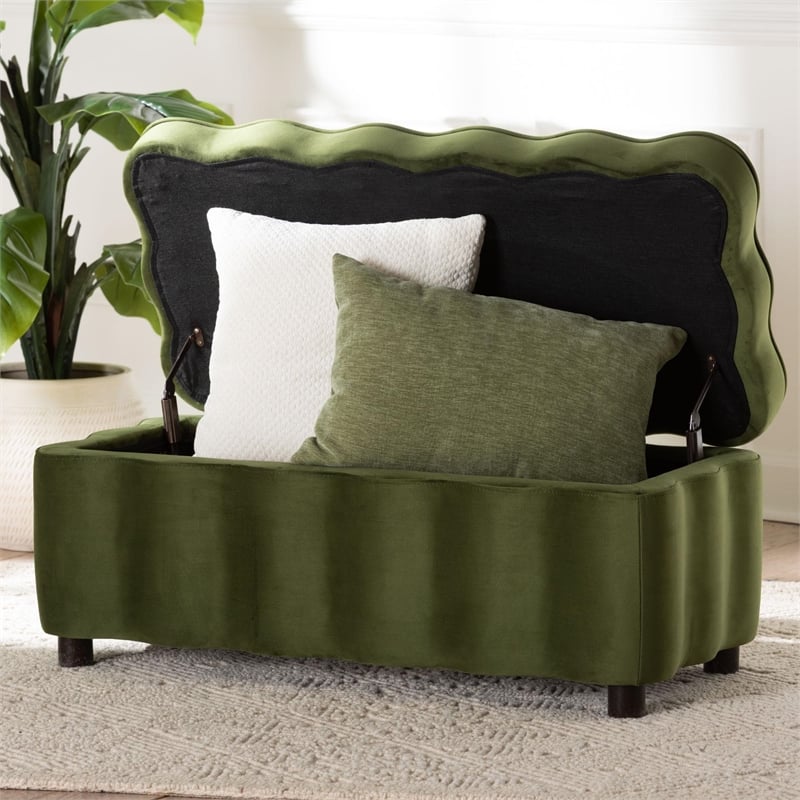 Baxton Studio Paulina Velvet Storage Bench Lift Top Accent Bench Moss Green