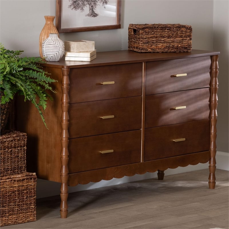 Baxton Studio Danette Bobbin Engineered Wood 6-Drawers Bedroom Dresser in Brown