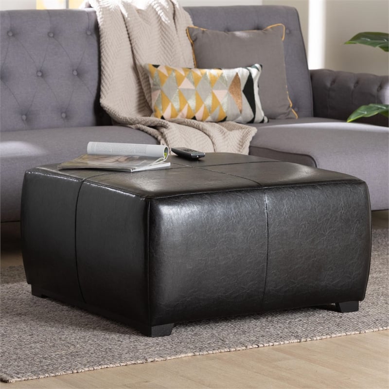 Square Leather Ottoman Footstool in Black