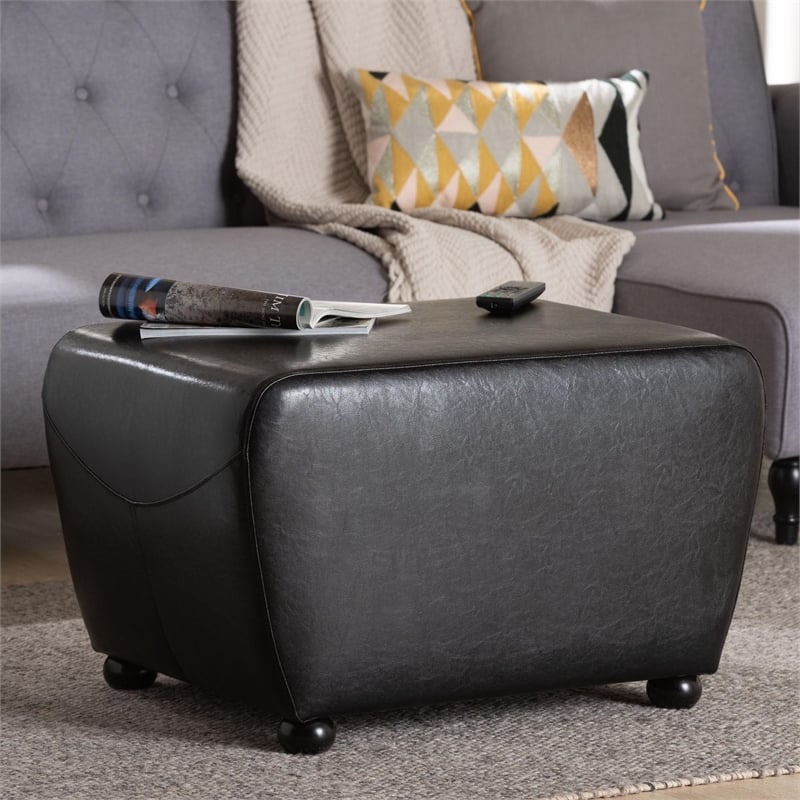 Baxton Studio Black Full Leather Ottoman with Rounded Sides