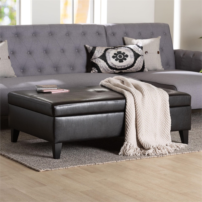 Baxton Studio Sandusky Leather Storage Cocktail Ottoman in Dark Brown