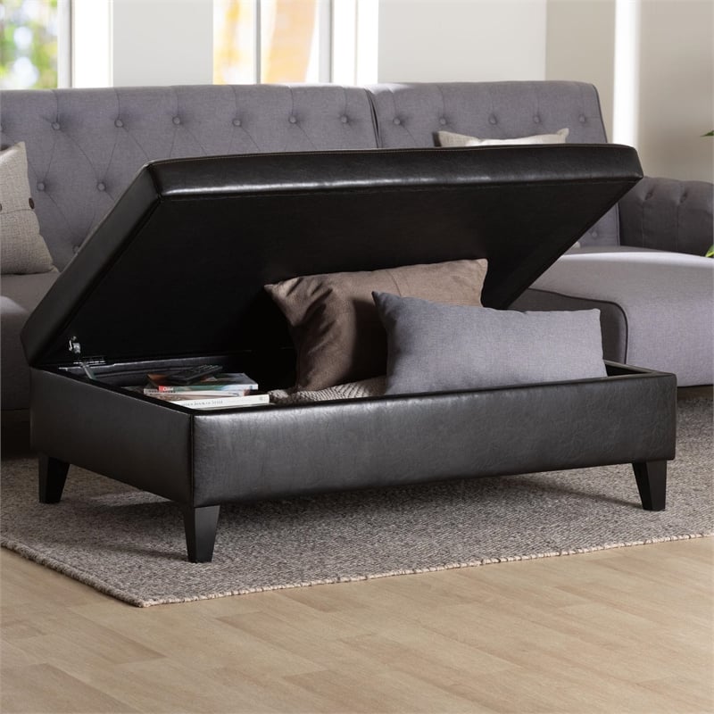 Baxton Studio Sandusky Leather Storage Cocktail Ottoman in Dark Brown