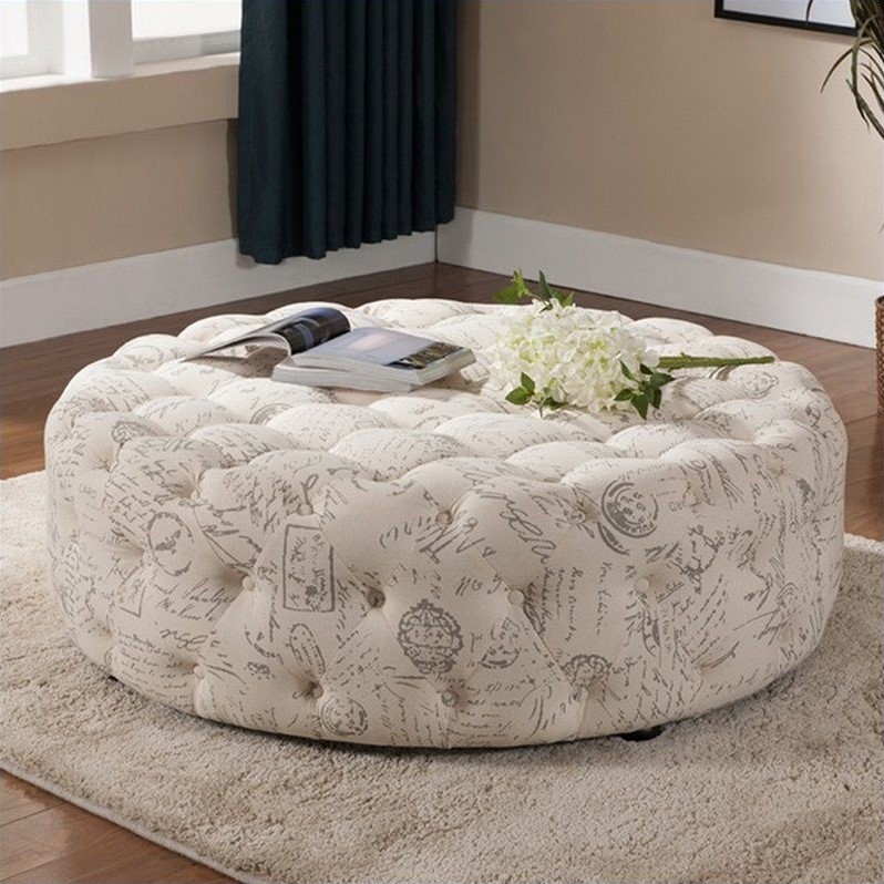 Cardiff Script Print Ottoman in Beige BushFurnitureCollection