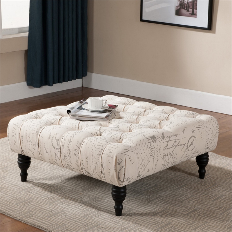 Keswick Script Print Ottoman in Beige