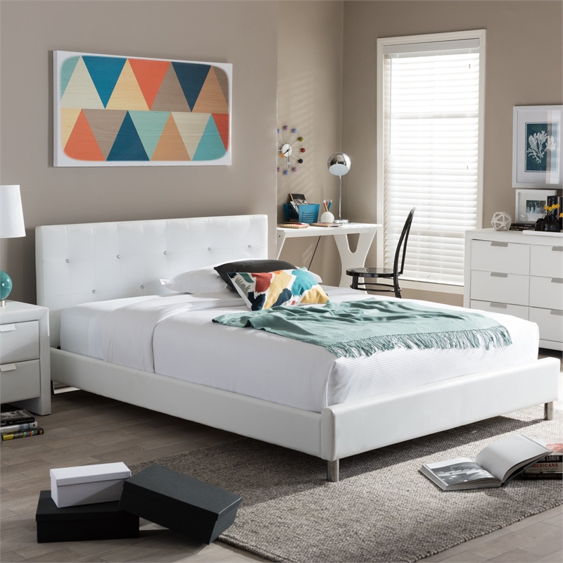 Barbara Leather Tufted Queen Platform Bed in White