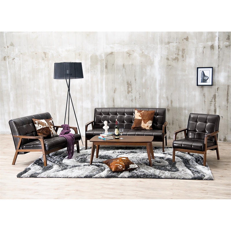 Mid Century 3 Piece Leather Sofa Set in Brown