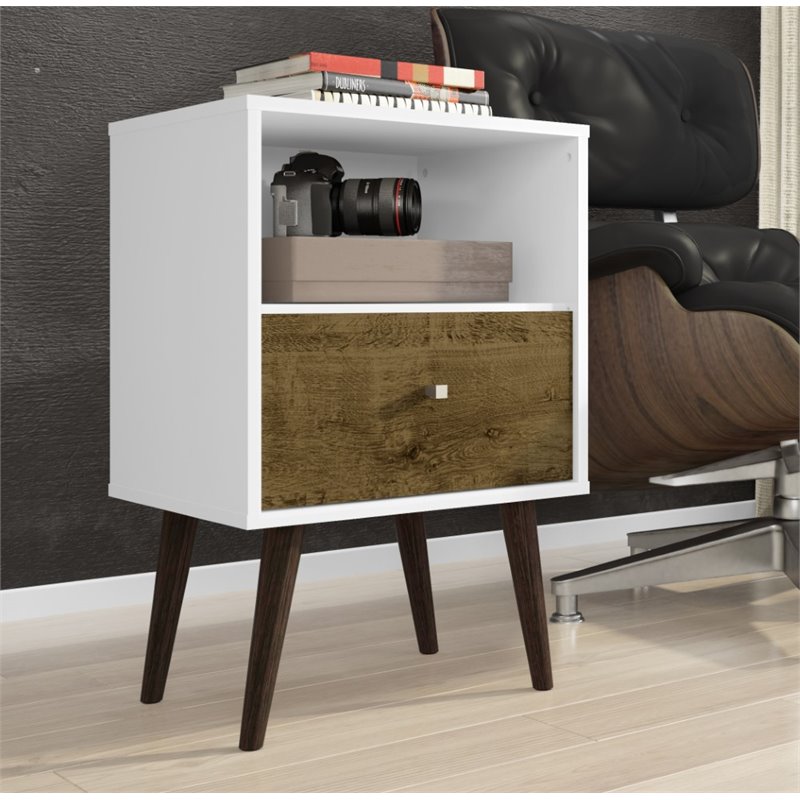 Manhattan Comfort Liberty 1-Drawer Solid Wood End Table in White/Rustic Brown