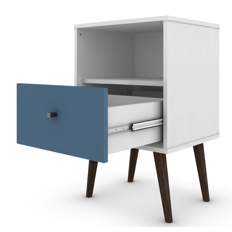 Manhattan Comfort Liberty 1-Drawer Solid Wood End Table in White/Aqua Blue