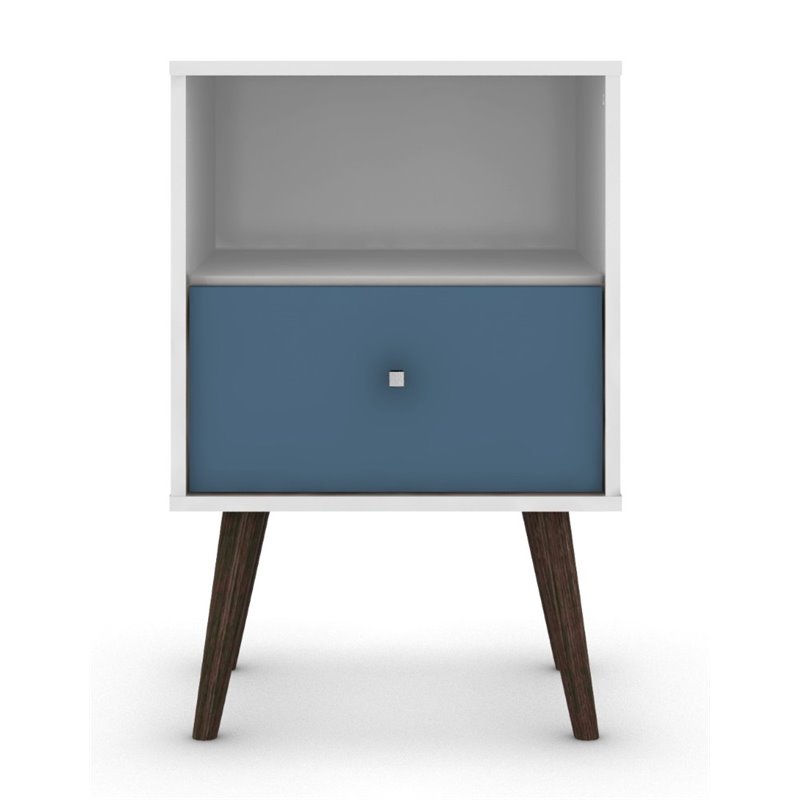 Manhattan Comfort Liberty 1-Drawer Solid Wood End Table in White/Aqua Blue