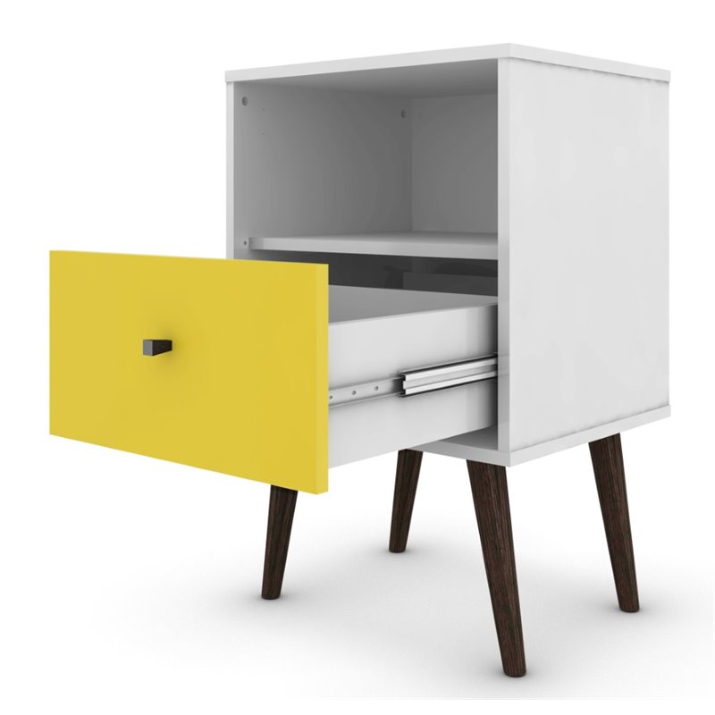 Manhattan Comfort Liberty 1-Drawer Solid Wood End Table in White/Yellow