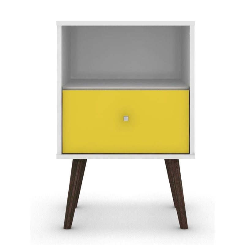 Manhattan Comfort Liberty 1-Drawer Solid Wood End Table in White/Yellow