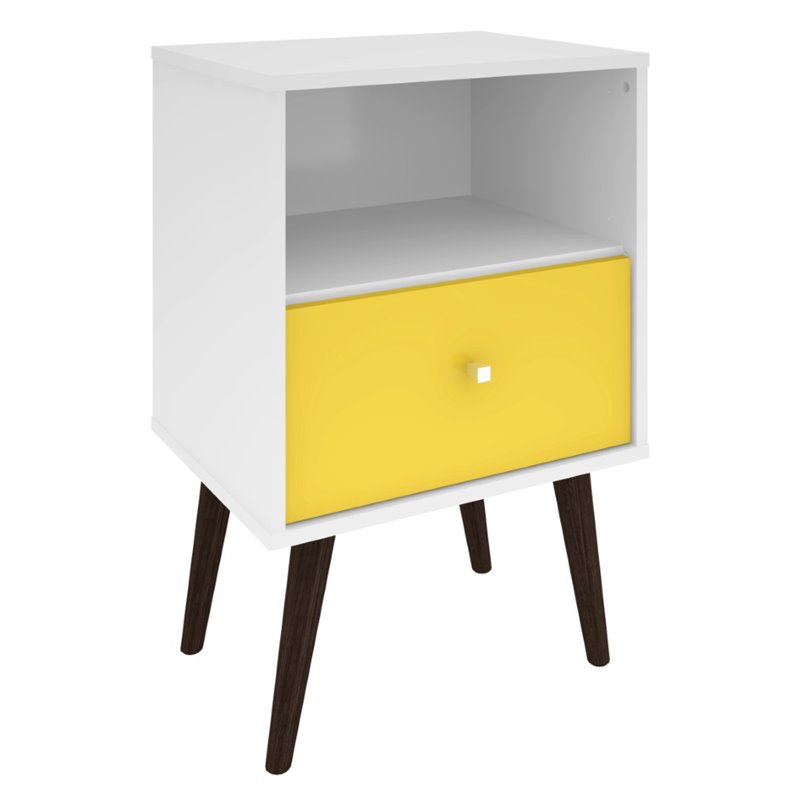 Manhattan Comfort Liberty 1-Drawer Solid Wood End Table in White/Yellow