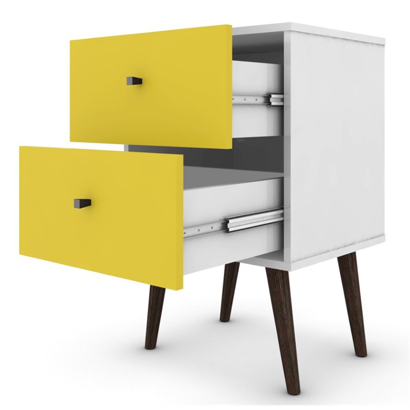 Manhattan Comfort Liberty 2-Drawer Solid Wood End Table in White/Yellow