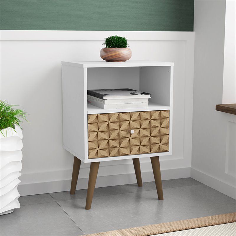 Manhattan Comfort Liberty 1-Drawer Wood Nightstand in White & 3D Prints