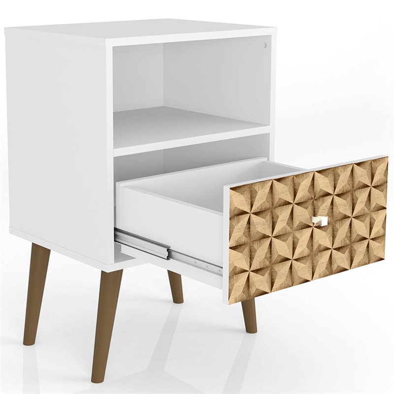 Manhattan Comfort Liberty 1-Drawer Wood Nightstand in White & 3D Prints