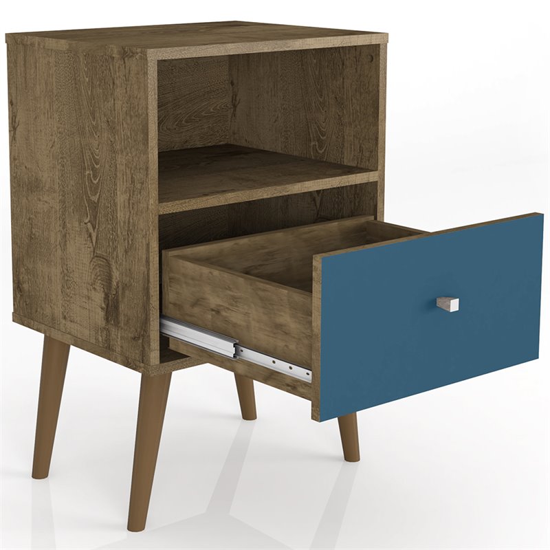Manhattan Comfort Liberty 1-Drawer Wood Nightstand 1.0 in Aqua/Rustic Brown