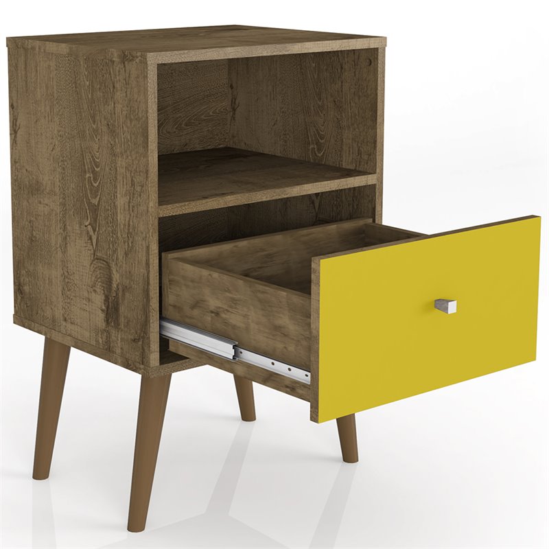 Manhattan Comfort Liberty 1-Drawer Solid Wood Nightstand in Yellow/Rustic Brown