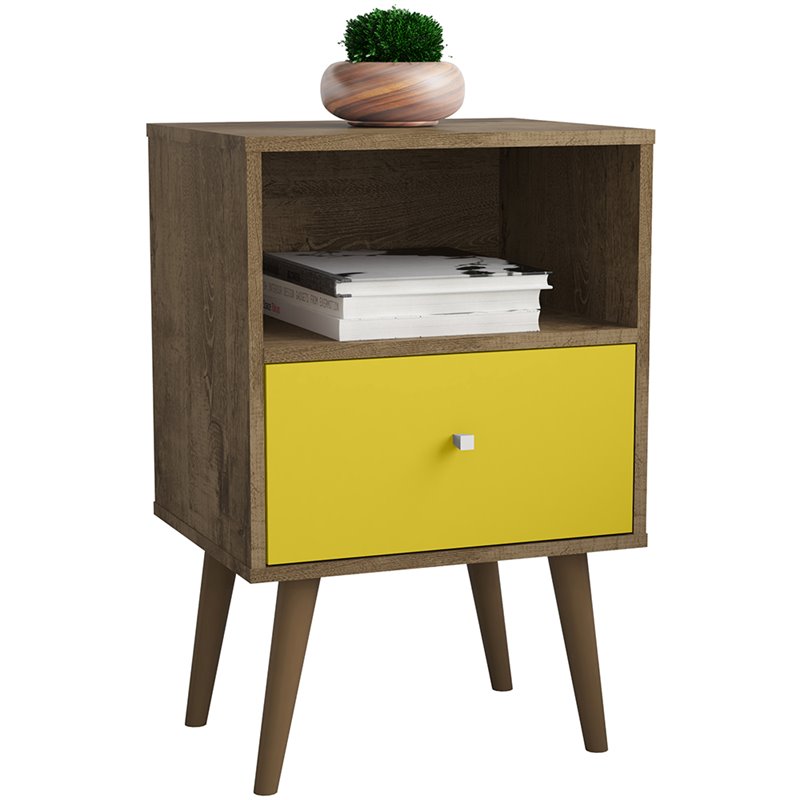 Manhattan Comfort Liberty 1-Drawer Solid Wood Nightstand in Yellow/Rustic Brown