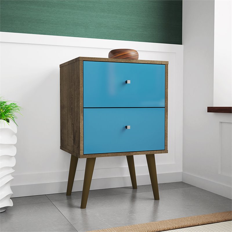 Manhattan Comfort Liberty 2-Drawer Wood Nightstand 2.0 in Aqua/Rustic Brown