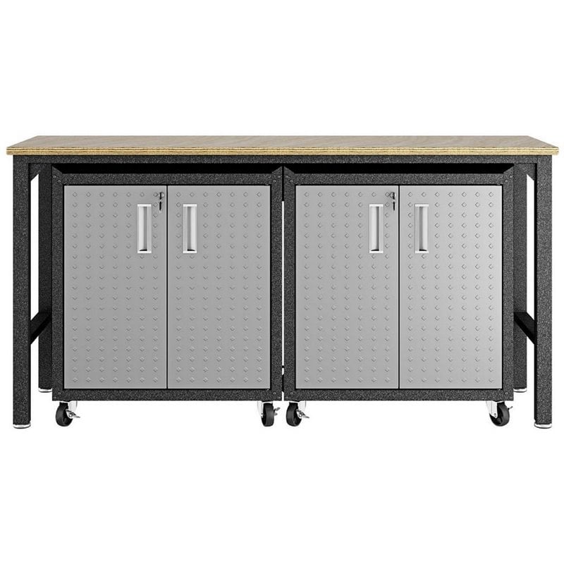 Manhattan Comfort Fortress 3-Piece Metal Garage Cabinet & Worktable Set in Gray