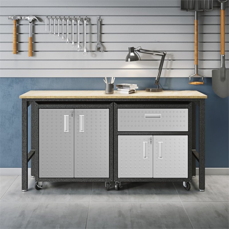 Manhattan Comfort Fortress 3-Piece Metal Mobile Garage Cabinet Set in Gray