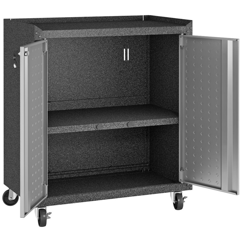 Manhattan Comfort Fortress 3-Piece Metal Worktable & Garage Cabinet Set in Gray