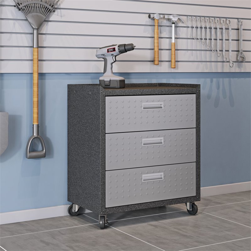 Manhattan Comfort Fortress 3-Piece Metal Worktable & Garage Cabinet Set in Gray
