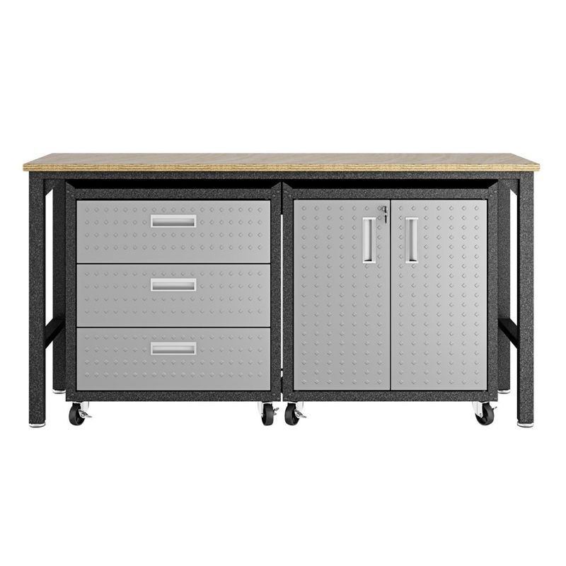 Manhattan Comfort Fortress 3-Piece Metal Worktable & Garage Cabinet Set in Gray