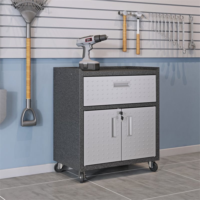 Manhattan Comfort Fortress 3-Piece Wood/Metal Worktable & Garage Cabinet in Gray
