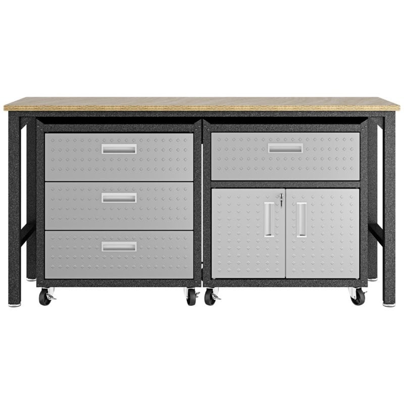 Manhattan Comfort Fortress 3-Piece Wood/Metal Worktable & Garage Cabinet in Gray