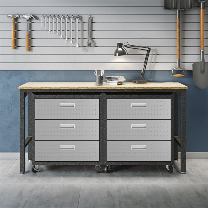 Manhattan Comfort Fortress 3-Piece Wood/Metal Garage Cabinet & Worktable in Gray