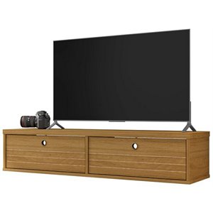 liberty wood mid century modern floating entertainment center in cinnamon brown