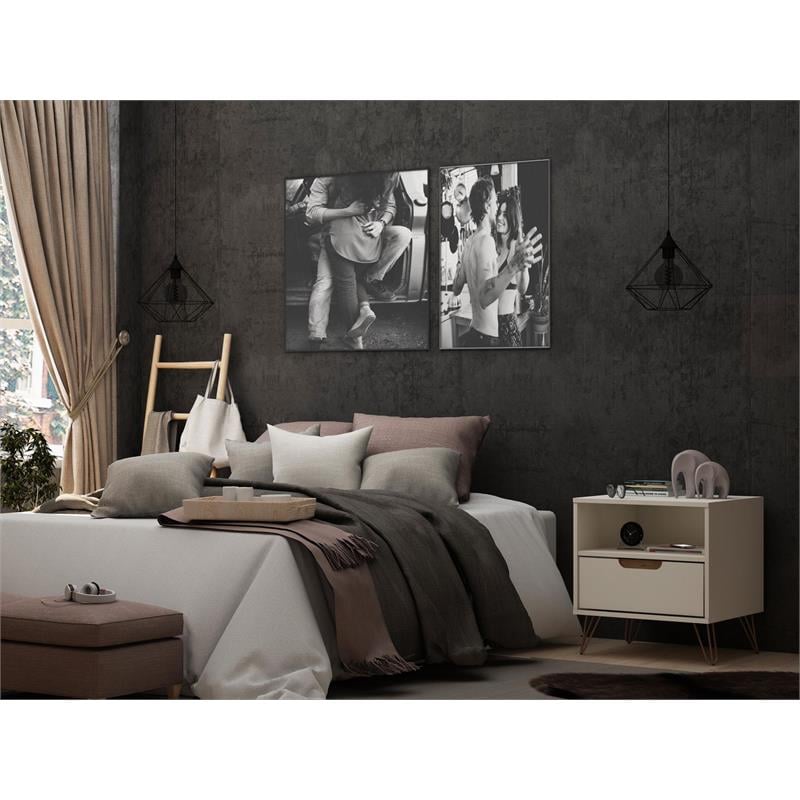 Manhattan Comfort Rockefeller 1-Drawer Wood Nightstand in Off White & Natural