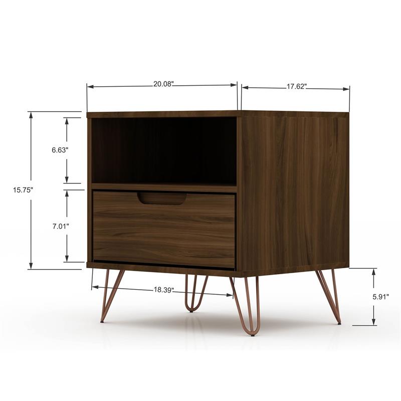 Manhattan Comfort Rockefeller 1-Drawer Engineered Wood Nightstand in Brown