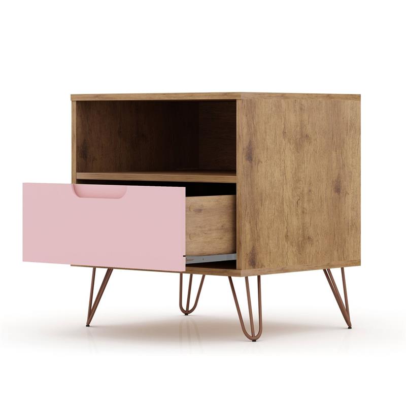 Manhattan Comfort Rockefeller Engineered Wood Nightstand in Natural/Rose Pink