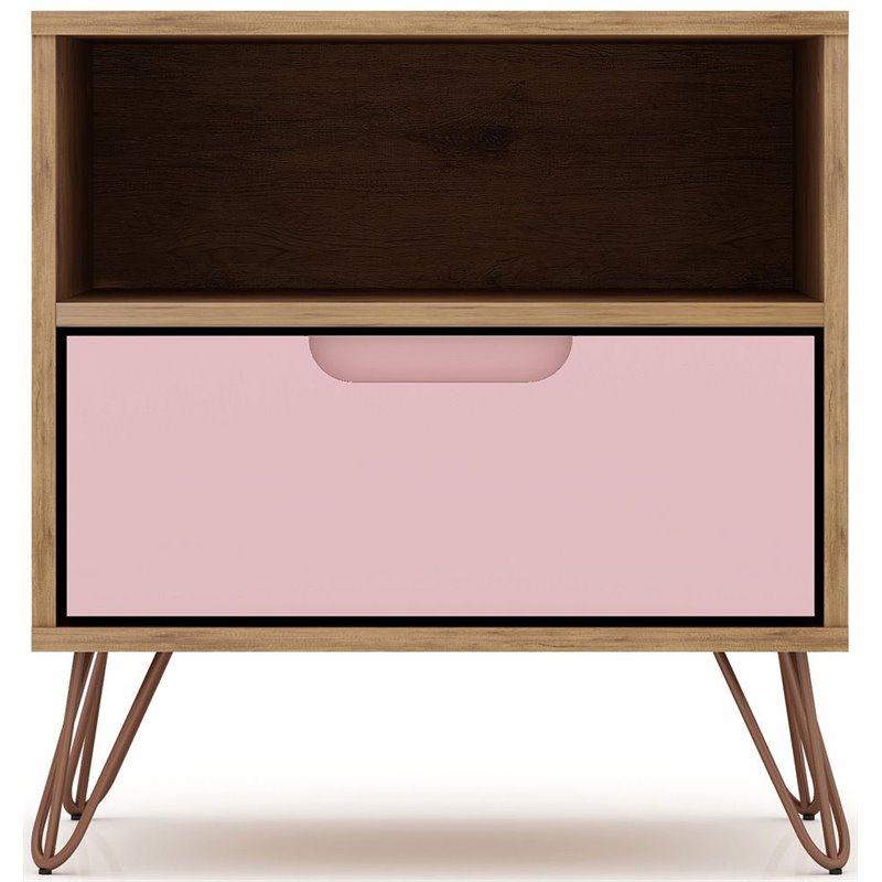 Manhattan Comfort Rockefeller Engineered Wood Nightstand in Natural/Rose Pink