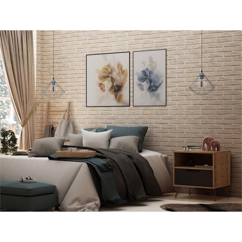 Manhattan Comfort Rockefeller 1-Drawer Wood Nightstand in Natural & Gray