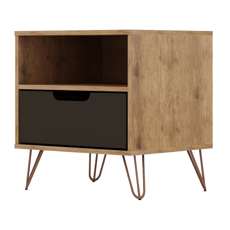 Manhattan Comfort Rockefeller 1-Drawer Wood Nightstand in Natural & Gray