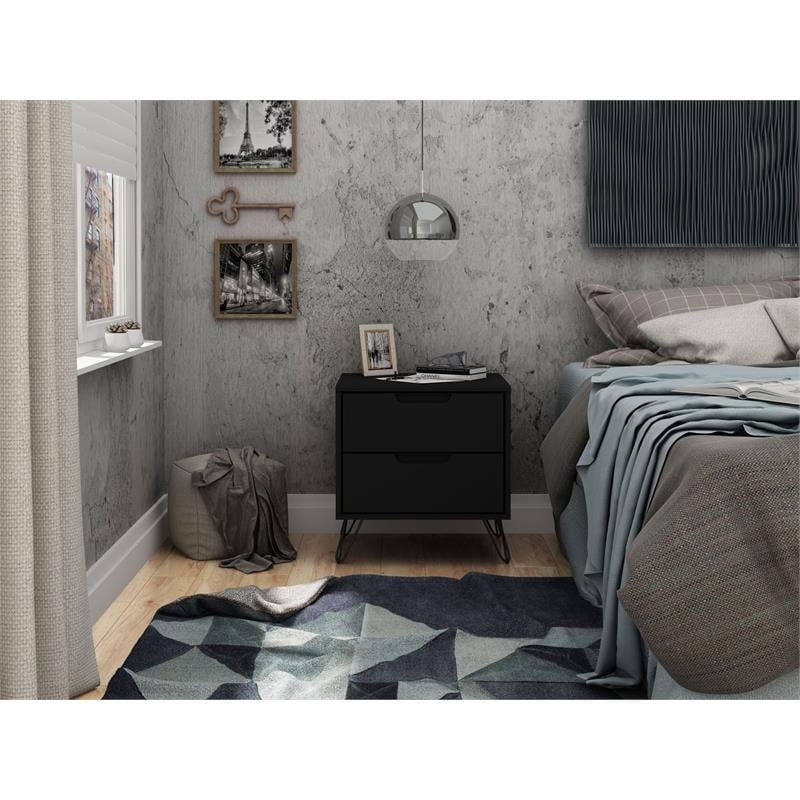 Manhattan Comfort Rockefeller 2-Drawer Engineered Wood Nightstand in Black