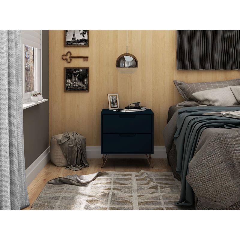 Manhattan Comfort Rockefeller 2-Drawer Wood Nightstand in Midnight Blue
