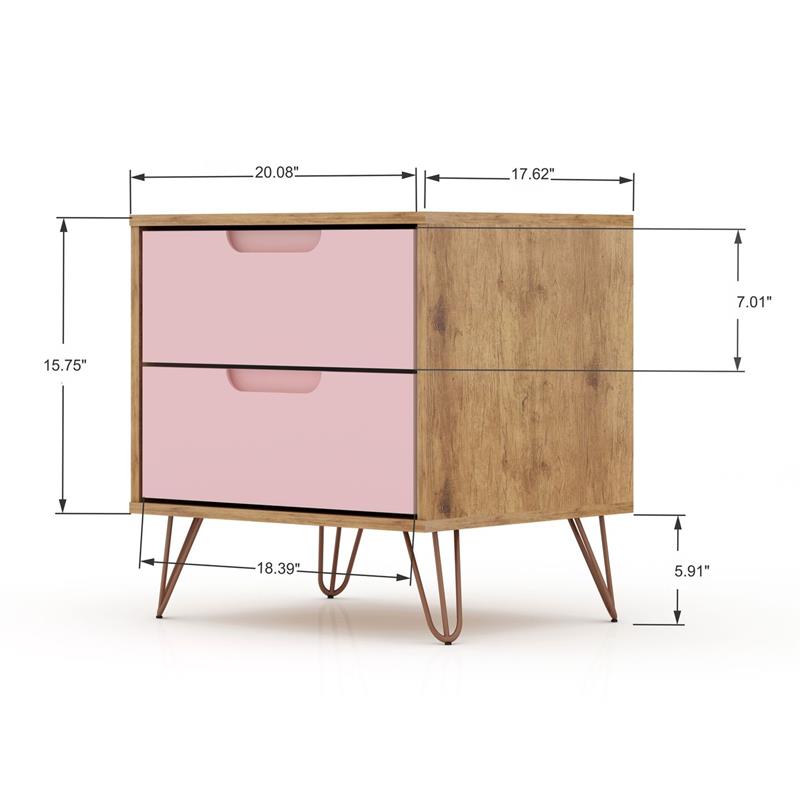 Manhattan Comfort Rockefeller 2-Drawer Wood Nightstand in Rose Pink & Natural