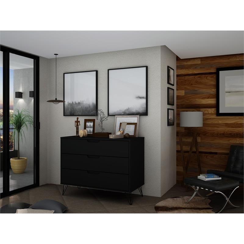 Manhattan Comfort Rockefeller 3-Drawer Wood Dresser in Black