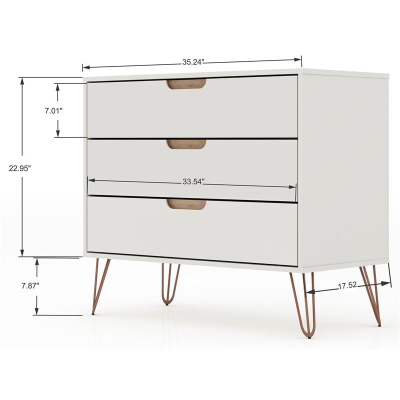 Manhattan Comfort Rockefeller 3-Drawer Wood Dresser in Off White/Natural