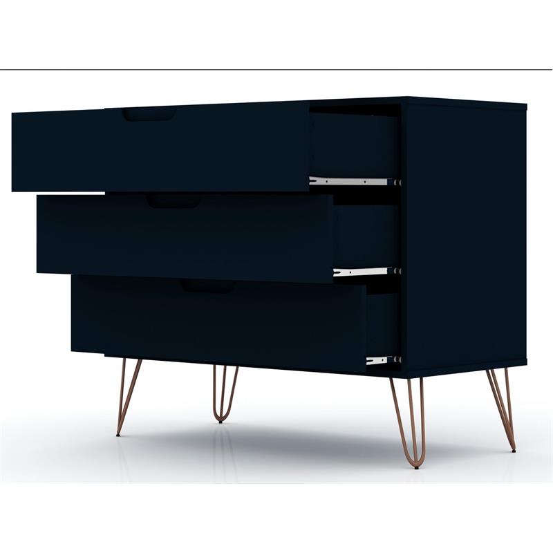 Manhattan Comfort Rockefeller 3-Drawer Wood Dresser in Midnight Blue