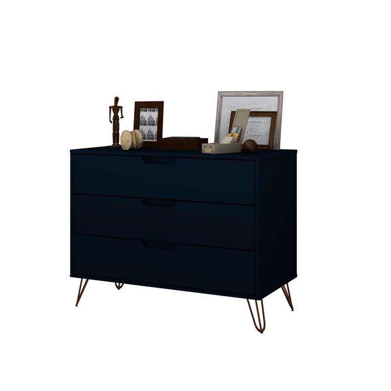 Manhattan Comfort Rockefeller 3-Drawer Wood Dresser in Midnight Blue