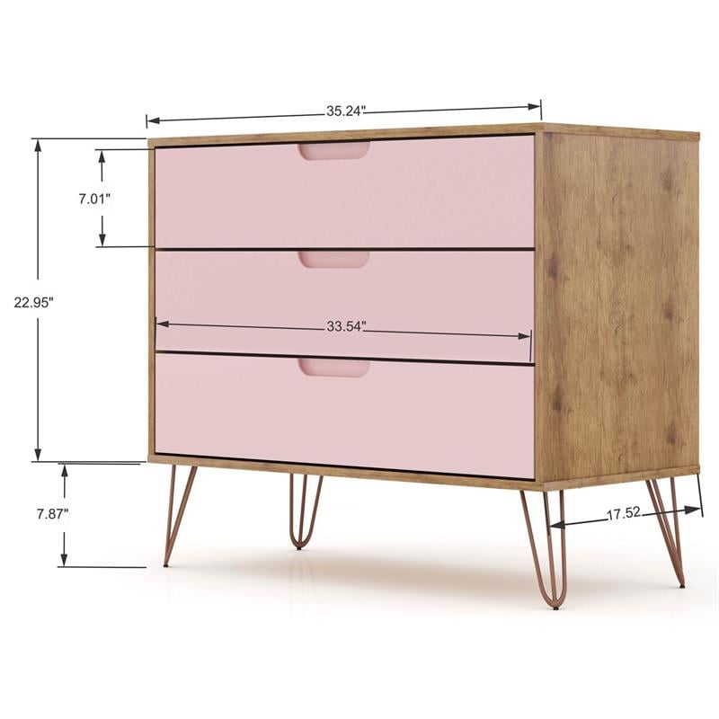 Manhattan Comfort Rockefeller 3-Drawer Wood Dresser in Rose Pink