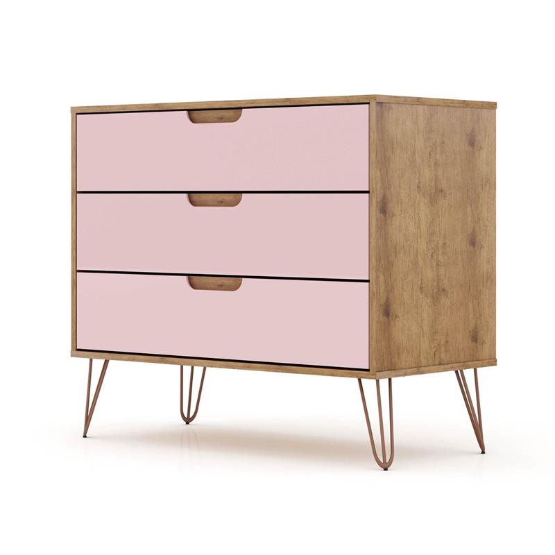 Manhattan Comfort Rockefeller 3-Drawer Wood Dresser in Rose Pink